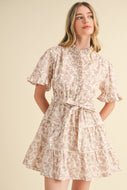 &merci Floral Print Belted Tiered Mini Dress in Ivory Pink Floral