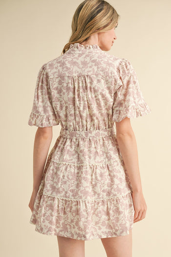 &merci Floral Print Belted Tiered Mini Dress in Ivory Pink Floral