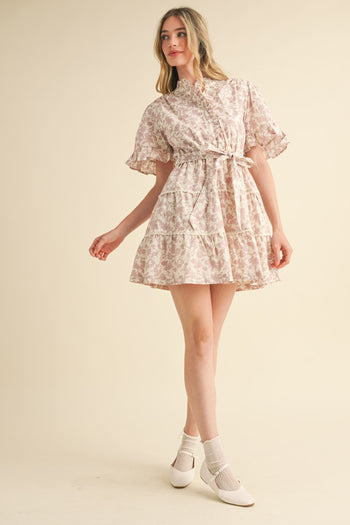 &merci Floral Print Belted Tiered Mini Dress in Ivory Pink Floral