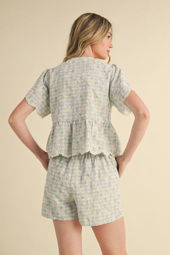 &merci Embroidered Floral Gingham Top and Shorts Set in Baby Blue