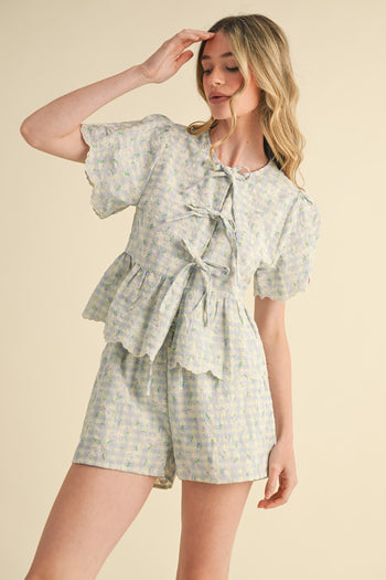 &merci Embroidered Floral Gingham Top and Shorts Set in Baby Blue