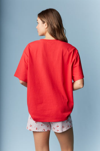RARERAW OVERSIZED T-Shirt with Cherry Bow Applique on Front in Red
