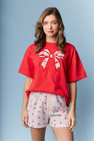 RARERAW OVERSIZED T-Shirt with Cherry Bow Applique on Front in Red