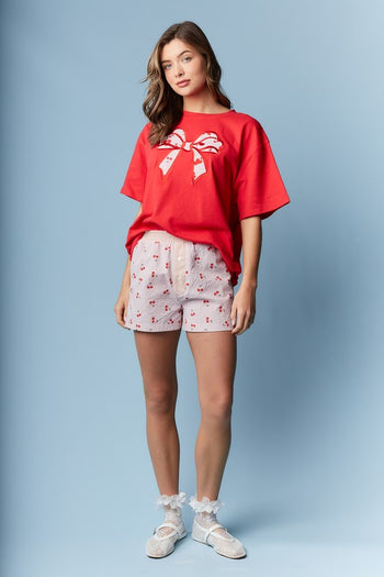RARERAW OVERSIZED T-Shirt with Cherry Bow Applique on Front in Red