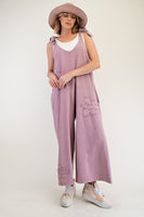 Easel Mineral Washed Terry Knit Flower Patch Jumpsuit in Mauve
