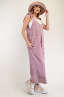 Easel Mineral Washed Terry Knit Flower Patch Jumpsuit in Mauve