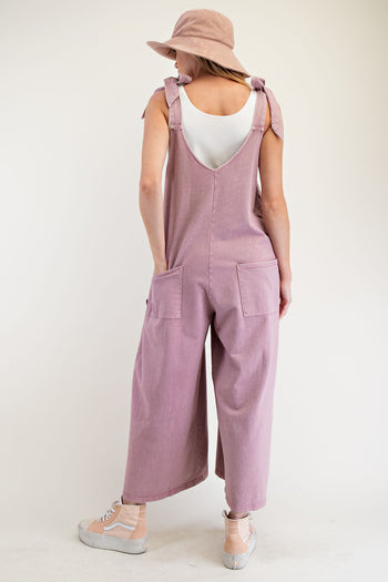 Easel Mineral Washed Terry Knit Flower Patch Jumpsuit in Mauve