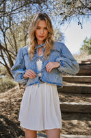 Blue B Ruffled Yoke Open Front with Tie Closure Denim Jacket in Light Wash