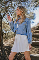 Blue B Ruffled Yoke Open Front with Tie Closure Denim Jacket in Light Wash