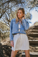 Blue B Ruffled Yoke Open Front with Tie Closure Denim Jacket in Light Wash