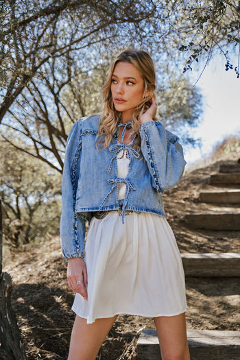 Blue B Ruffled Yoke Open Front with Tie Closure Denim Jacket in Light Wash