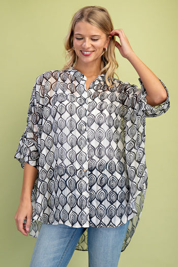 GiGio OVERSIZED Printed Sheer Lurex Button Down Top in Ivory