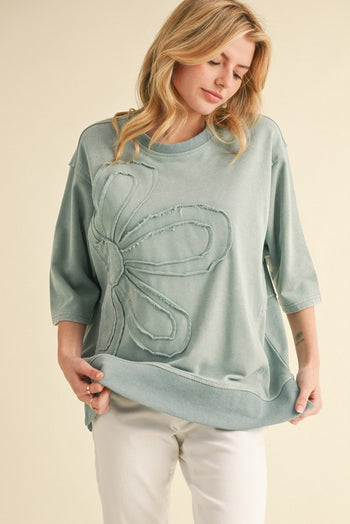 Jodifl Solid Color Terry Knit Top with Flower Front in Sage