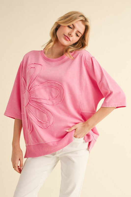Jodifl Solid Color Terry Knit Top with Flower Front in Pink – June