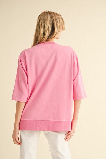 Jodifl Solid Color Terry Knit Top with Flower Front in Pink