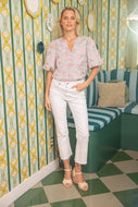 VOY Floral Jacquard Puff Sleeve Top in Pink
