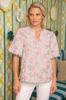 VOY Floral Jacquard Puff Sleeve Top in Pink