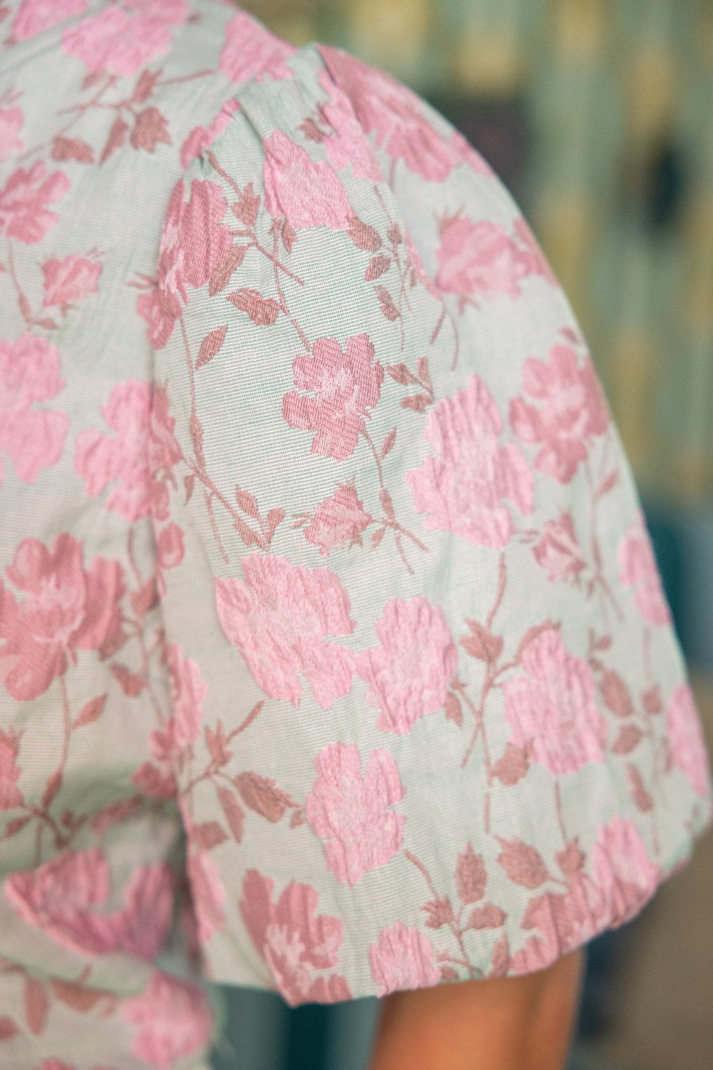 VOY Floral Jacquard Puff Sleeve Top in Pink – June Adel