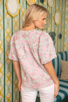VOY Floral Jacquard Puff Sleeve Top in Pink