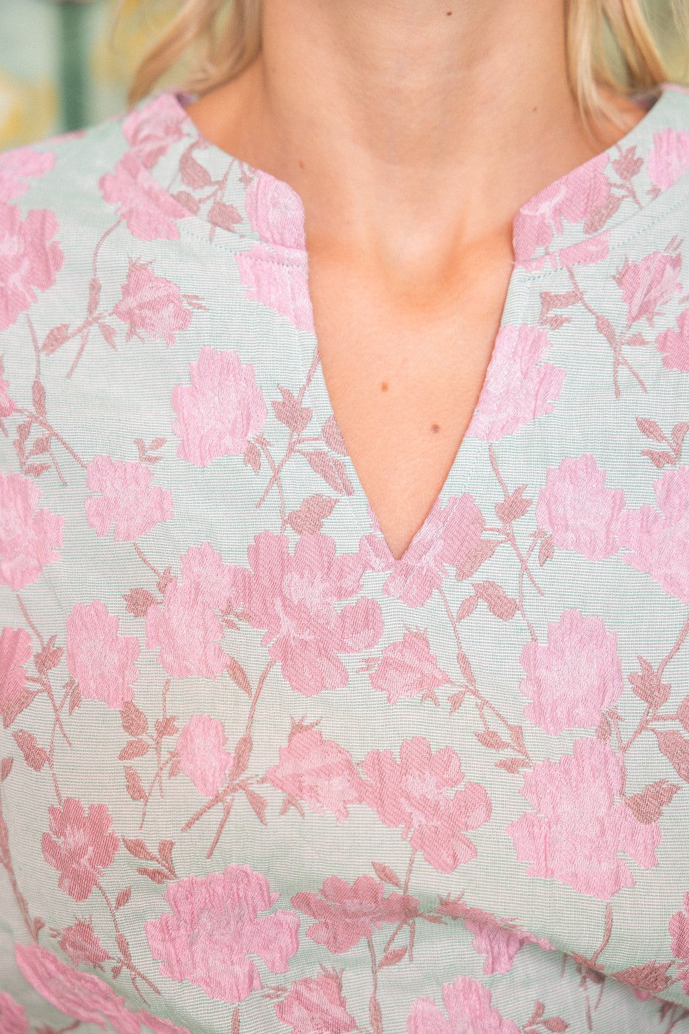 VOY Floral Jacquard Puff Sleeve Top in Pink – June Adel