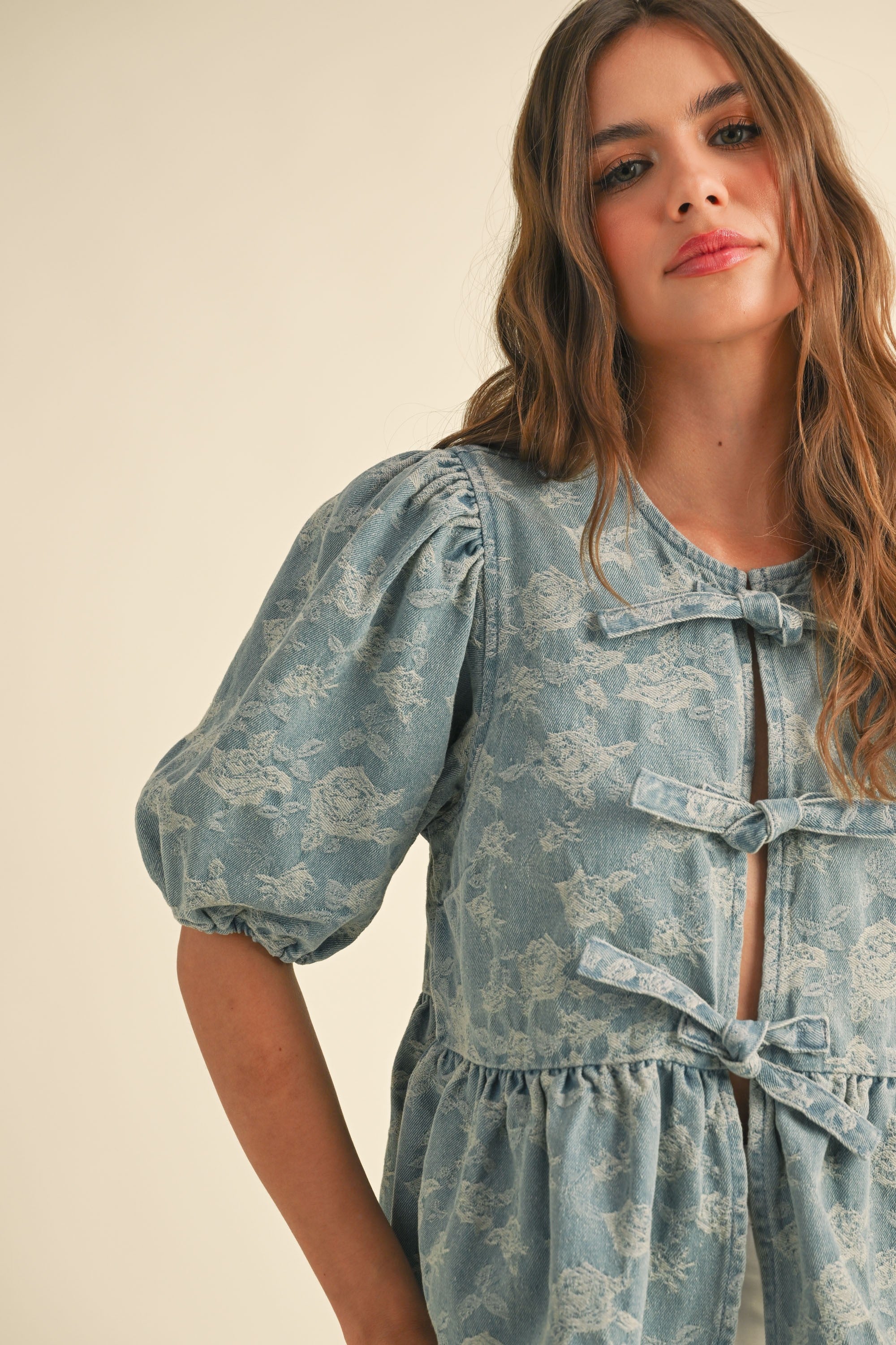 Miou Muse Floral Jacquard Open Front Bow Tie Top in Denim – June Adel