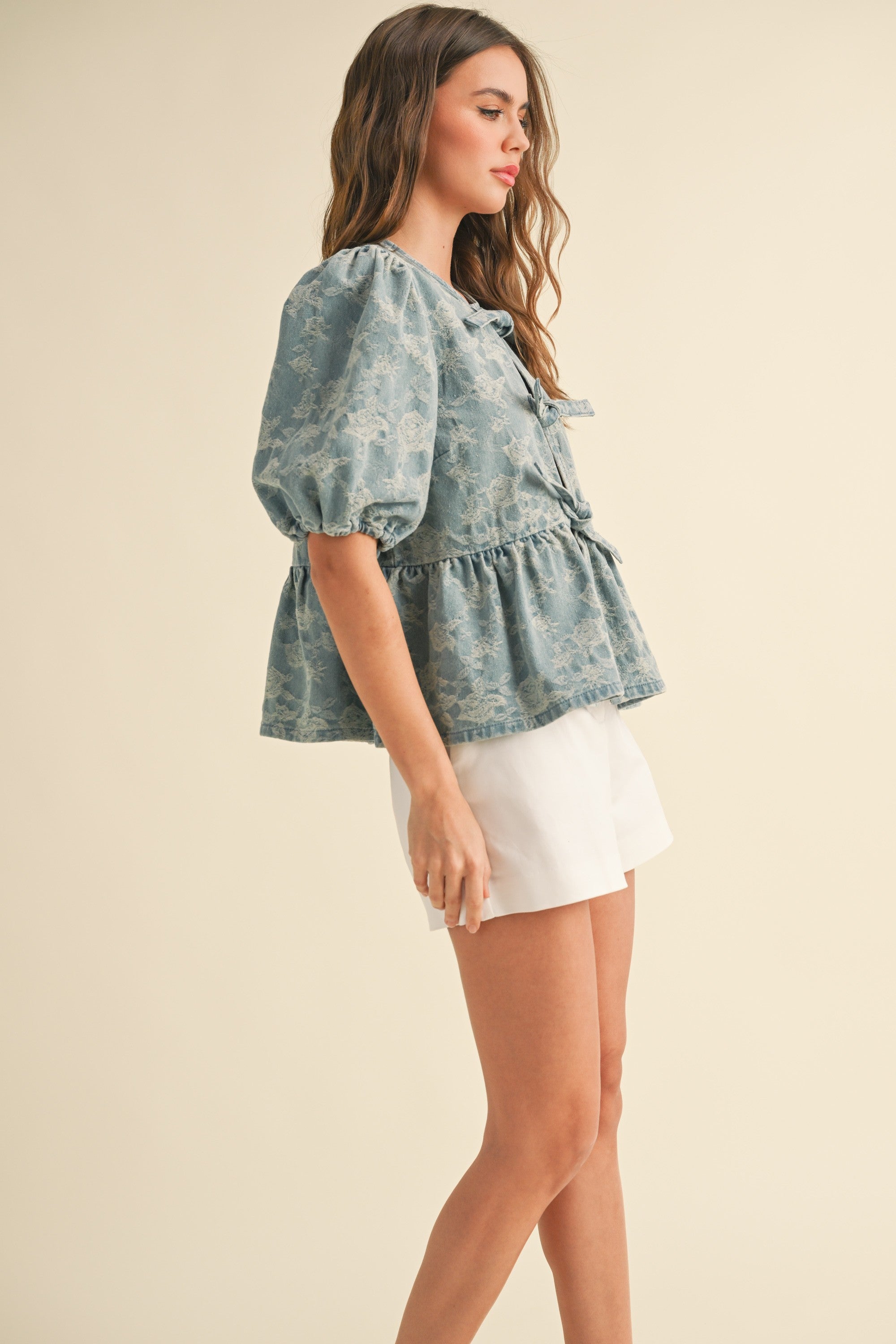 Miou Muse Floral Jacquard Open Front Bow Tie Top in Denim – June Adel