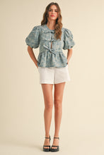 Load image into Gallery viewer, Miou Muse Floral Jacquard Open Front Bow Tie Top in Denim
