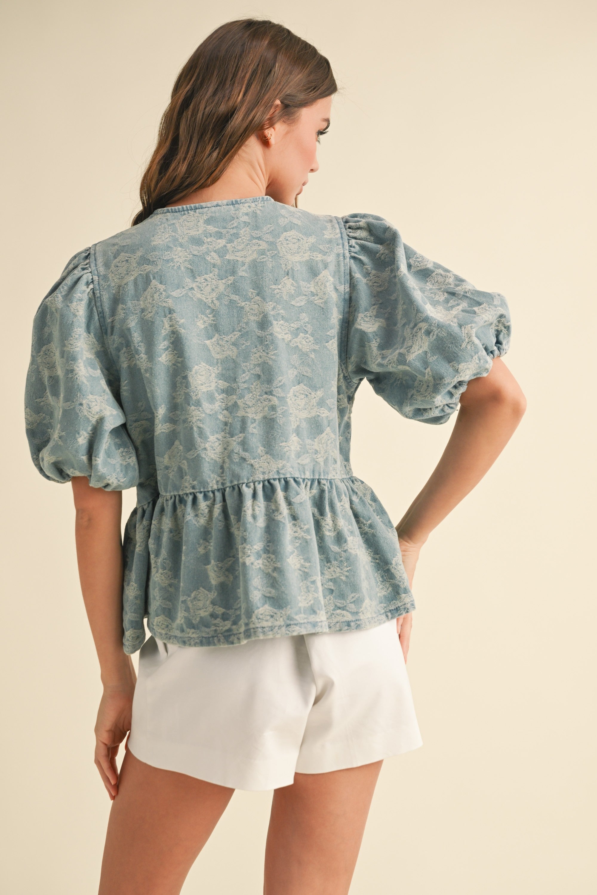 Miou Muse Floral Jacquard Open Front Bow Tie Top in Denim – June Adel