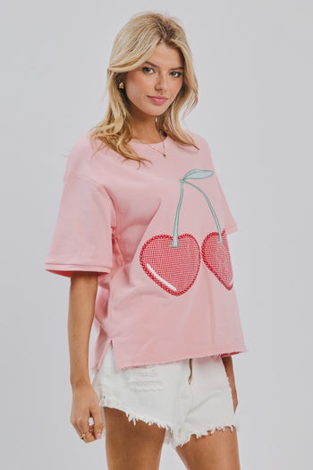 Oddi Cherry Motif Patched Top in Pink