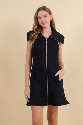 Doe & Rae Solid Color Zip Up Front Mini Dress in Black