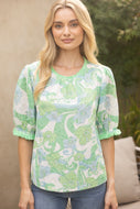 VOY Floral Print and Embroidery Top with Fringe Details in Green