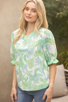 VOY Floral Print and Embroidery Top with Fringe Details in Green