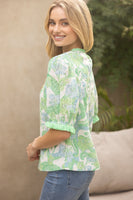 VOY Floral Print and Embroidery Top with Fringe Details in Green