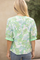 VOY Floral Print and Embroidery Top with Fringe Details in Green