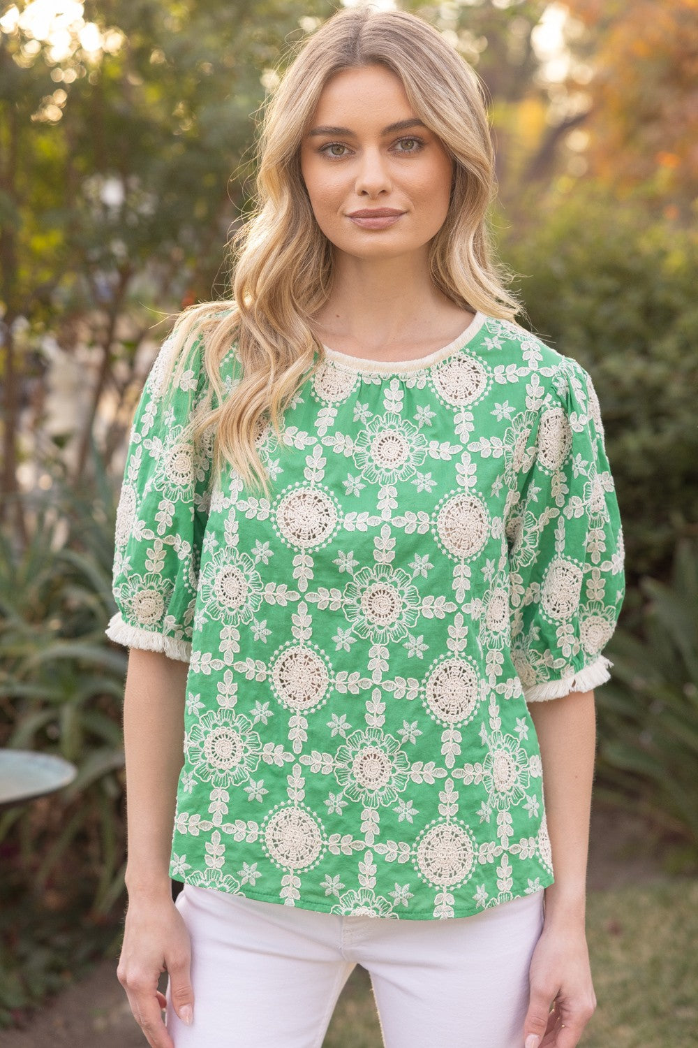 VOY Floral Embroidery Top with Fringe in Green
