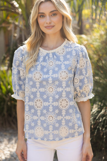 VOY Floral Embroidery Top with Fringe in Slate Blue