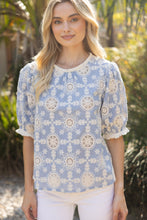 Load image into Gallery viewer, VOY Floral Embroidery Top with Fringe in Slate Blue
