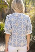 VOY Floral Embroidery Top with Fringe in Slate Blue