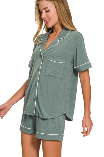 Solid Color Button Down Top and Shorts Pajama Set in Ash Jade
