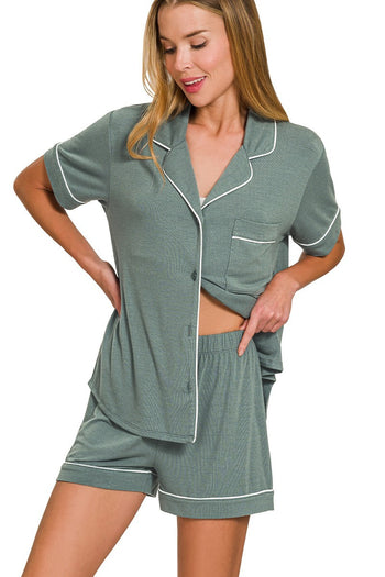 Solid Color Button Down Top and Shorts Pajama Set in Ash Jade
