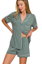 Load image into Gallery viewer, Solid Color Button Down Top and Shorts Pajama Set in Ash Jade
