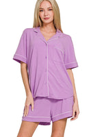 Solid Color Button Down Top and Shorts Pajama Set in B Lavender