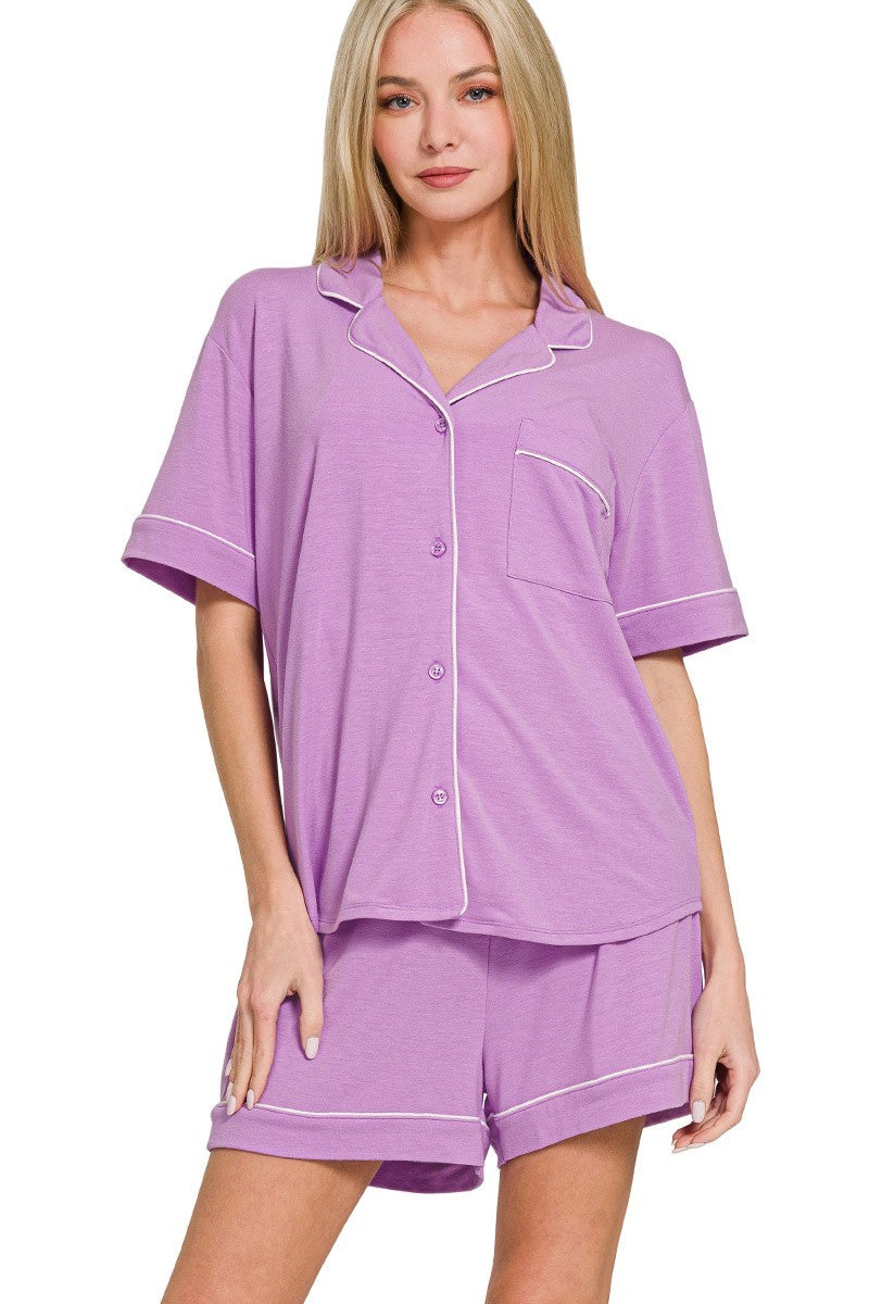 Solid Color Button Down Top and Shorts Pajama Set in B Lavender