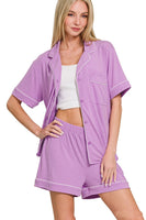 Solid Color Button Down Top and Shorts Pajama Set in B Lavender