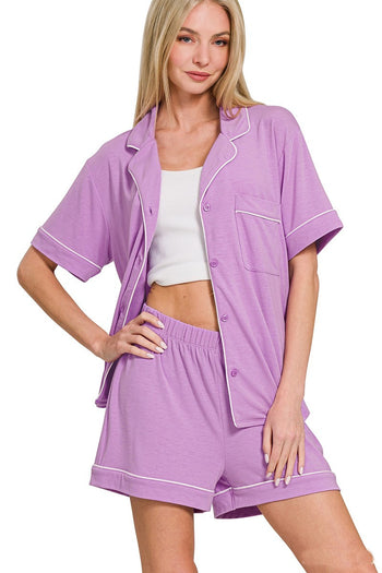 Solid Color Button Down Top and Shorts Pajama Set in B Lavender