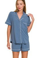 Solid Color Button Down Top and Shorts Pajama Set in Dusty Blue