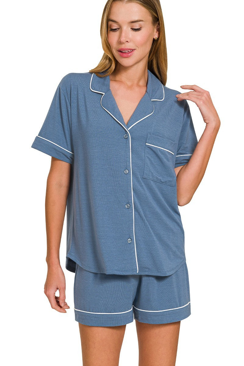 Solid Color Button Down Top and Shorts Pajama Set in Dusty Blue