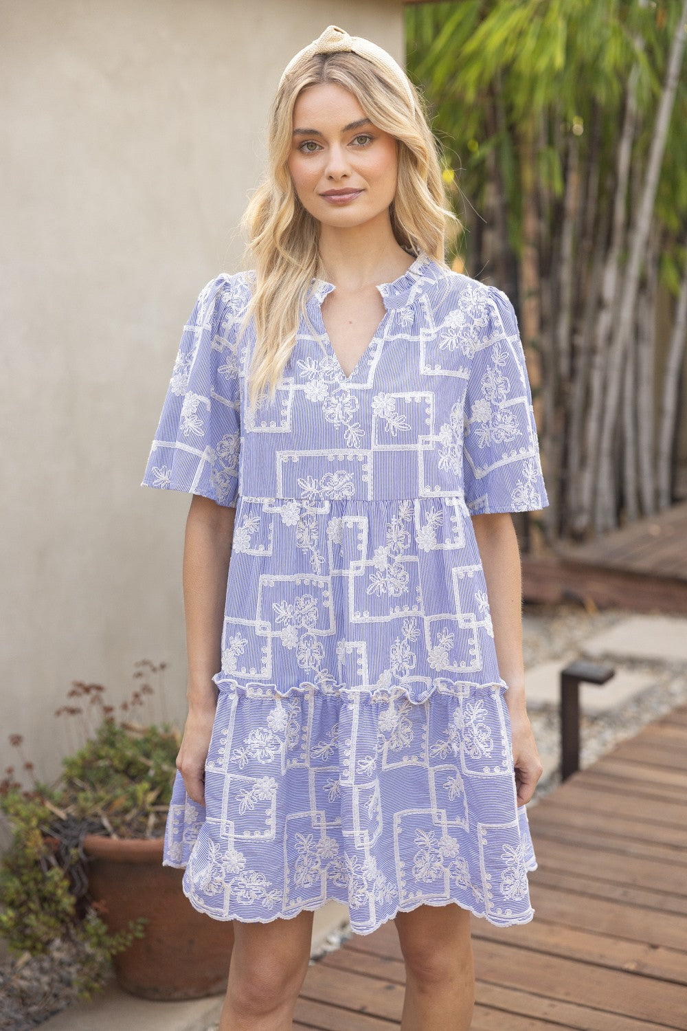 VOY Striped Dress with Floral Embroidery in Blue S