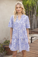 VOY Striped Dress with Floral Embroidery in Blue