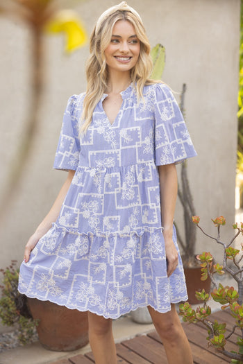 VOY Striped Dress with Floral Embroidery in Blue